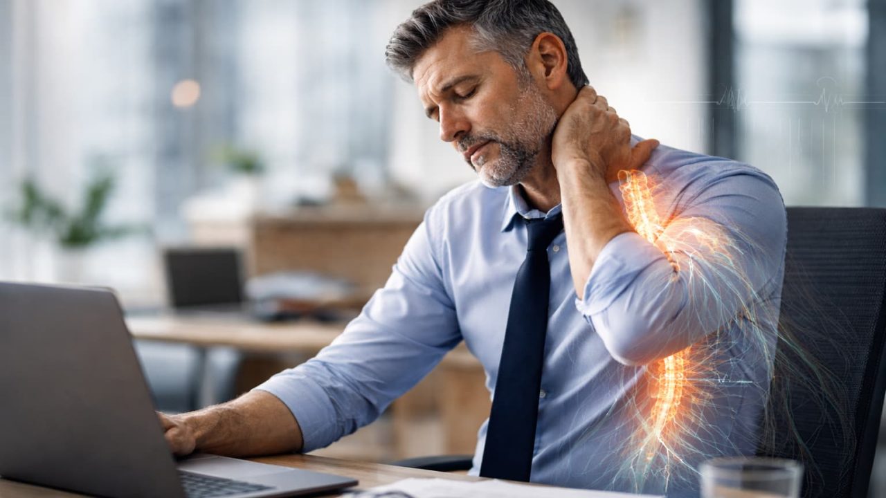 Hombre con mano en el cuello.